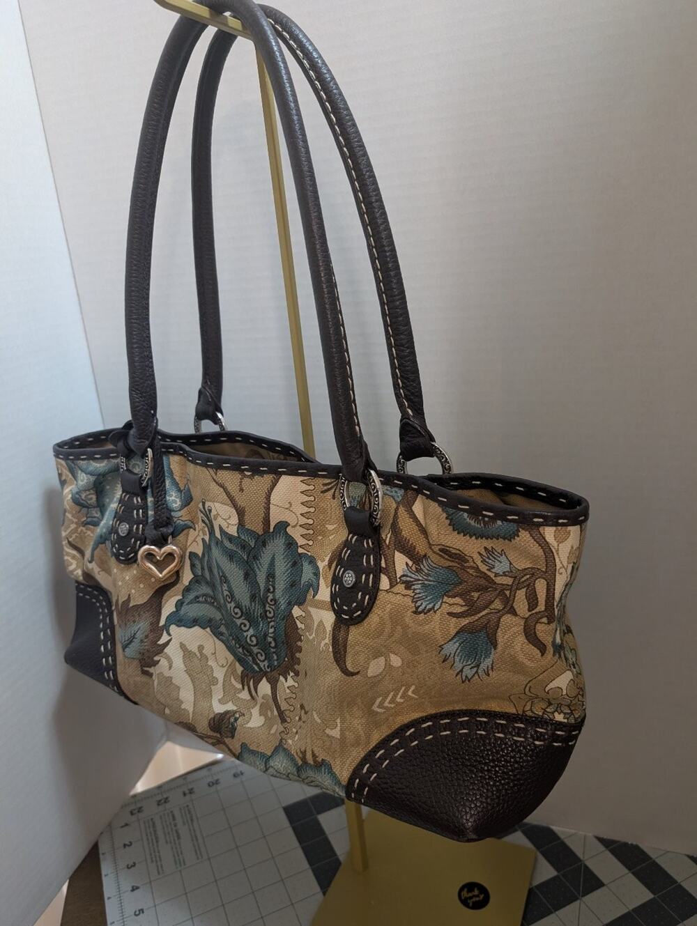 Brighton D757601 Floral Canvas Leather Shoulder Bag Tote Handbag Brown Blue Feet